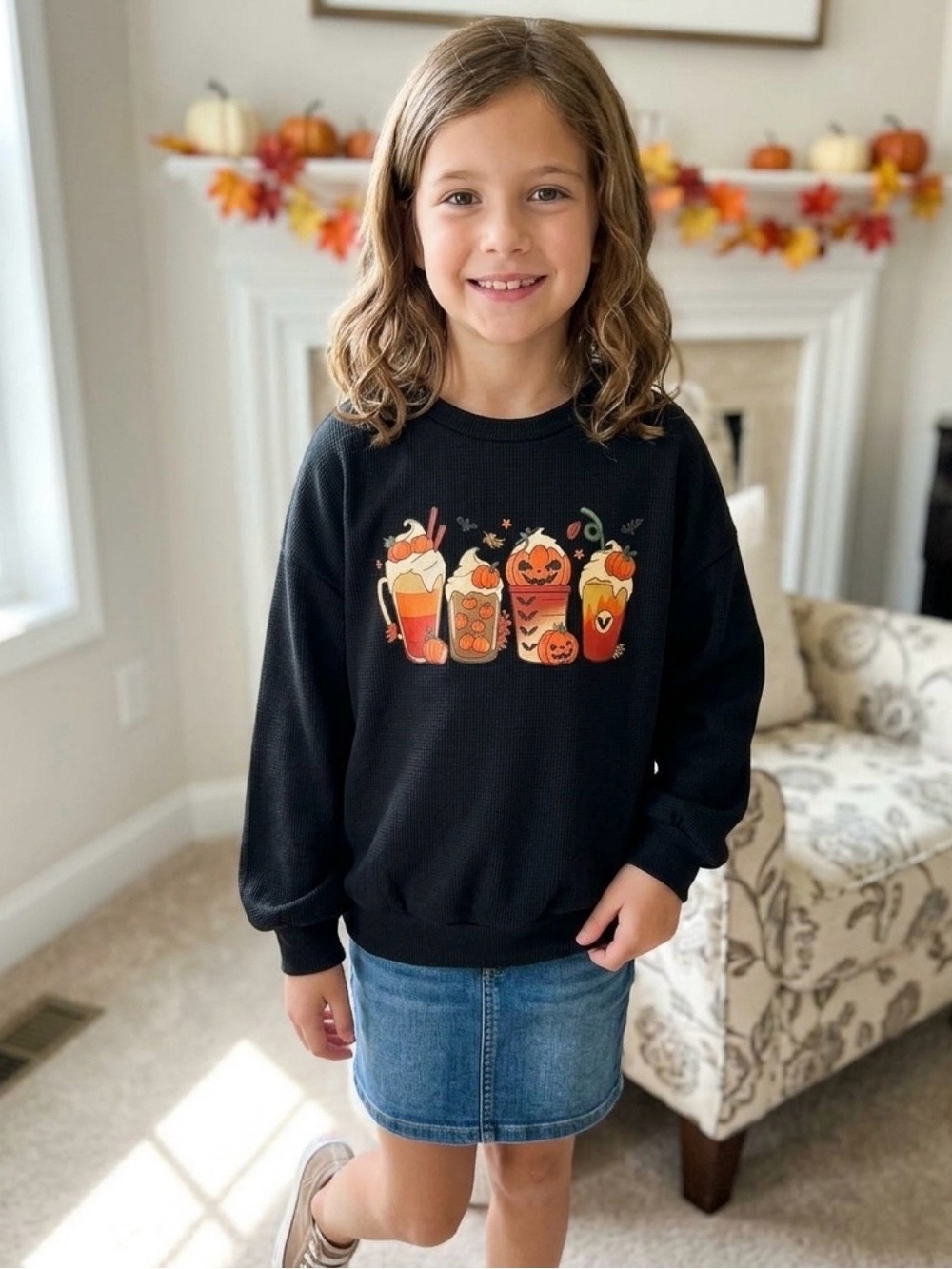 SHEIN Black Halloween Pumpkin & Fall Drink Graphic Sweatshirt. Girls size 8